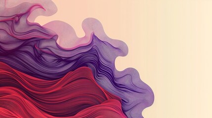 A minimalist art piece with a corner of deep purple to light red waves transitioning to a plain background of color #fffbfc for text space. Created Using: Crisp wave details, color to no-color gradien
