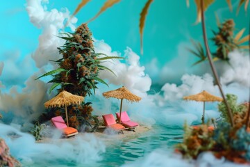 Hemp summer island. CBN relax concept. Miniature scene with tropical island and giant marijuana plant palms in calm turquoise ocean water, lounge with straw umbrella, colorful smoke like clouds
