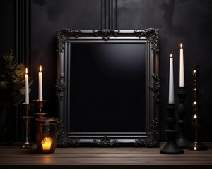  front view mockup of a square Black Gothic Baroque style picture frame on an elegent table with candles, black background dark, moody