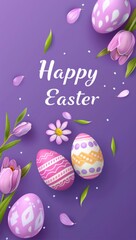Happy Easter card with purple background with colorful eggs pastel spring flowers advertising Poster