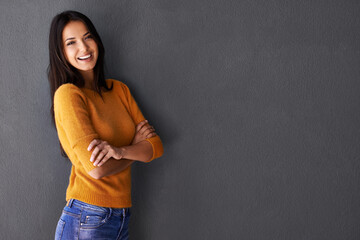 Portrait, mockup and face of happy woman in fashion with smile, clothes and sweater isolated on...