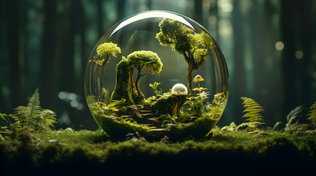 A meticulously designed glass terrarium featuring a diverse plantation,