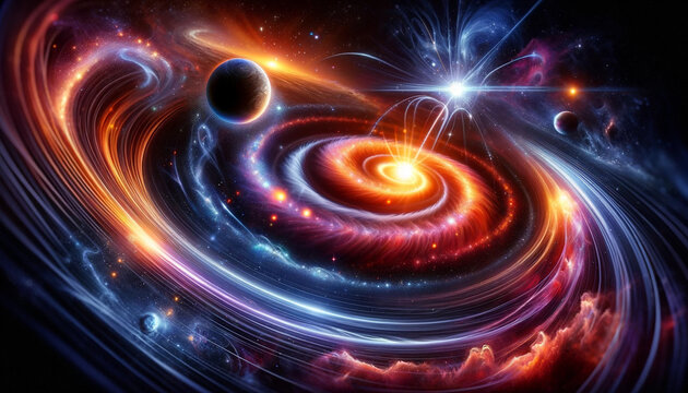 A imagem foi criada combinando elementos de v&aacute;rias cenas c&oacute;smicas em uma composi&ccedil;&atilde;o abstrata &uacute;nica no formato 16:9.