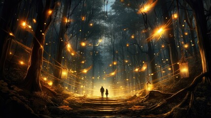 Fireflies, the landscape of the night forest. Insects in the night forest. Tall trees, grass, yellow lights. A fabulous atmosphere.