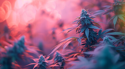 Aesthetic cannabis pink purple bushes in pastel smoke cloud. Soft light colors. Marijuana hemp...