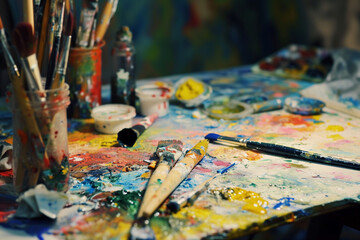 Fototapeta premium Brushes in a painting workshop, Ai Generated