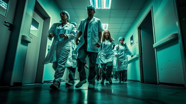 Group of Doctors Walking Down Hallway. Generative AI