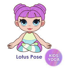 Kids yoga poses. Cartoon character for girls. Babydoll character. Vector illustration.