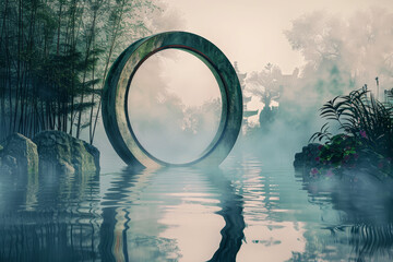 A moon gate stands in a misty garden. Beyond its circular frame, layers of color blend seamlessly--jade green, peach pink, and azure blue.