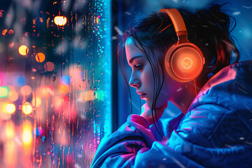 A stylish girl immersed in music, adorned with neon lights, exuding urban chic and modern vibes.