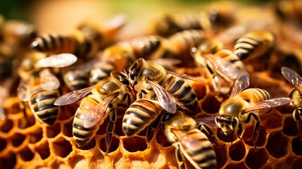 Bees work harmoniously within a hive, diligently producing honey amidst the midday sun, captured in a close-up shot.