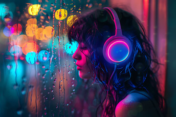 A stylish girl immersed in music, adorned with neon lights, exuding urban chic and modern vibes.