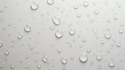 Water drops on a white background. Texture of rain with droplets on the surface. Transparent dew pattern. Abstract wallpaper with liquid splashes.