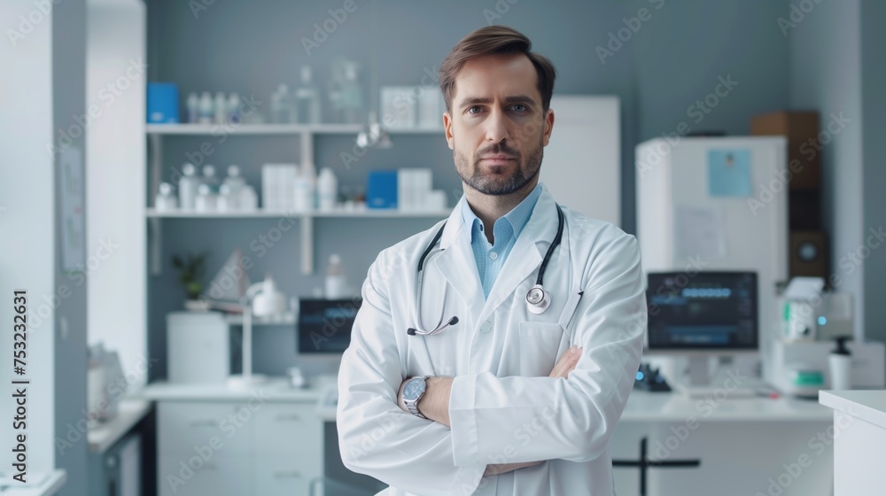 Poster man in lab coat standing with arms crossed. generative ai