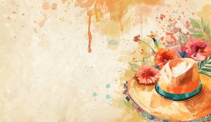 a watercolor mexican background with a hat and flowers in watercolor Generative AI