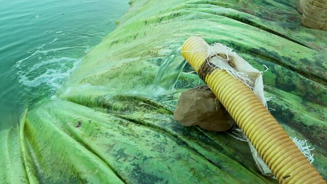 plastic water retention basin for irrigation in agriculture.  water that flows out of the water pipe into a circular concrete basin