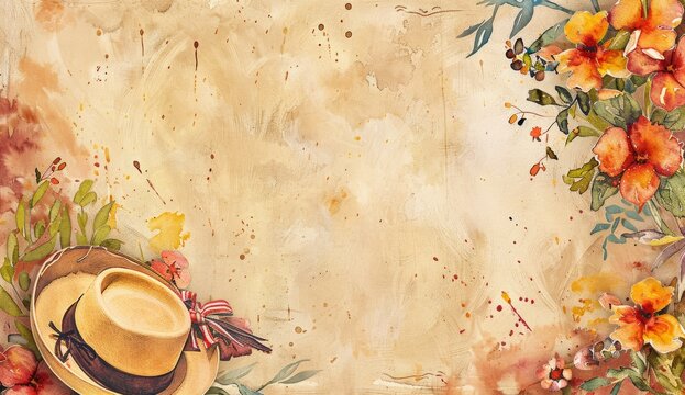 a watercolor mexican background with a hat and flowers in watercolor Generative AI