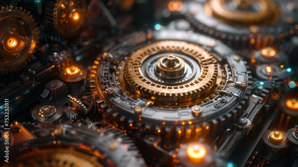 Poster detailed close up of a clock with multiple gears. generative ai