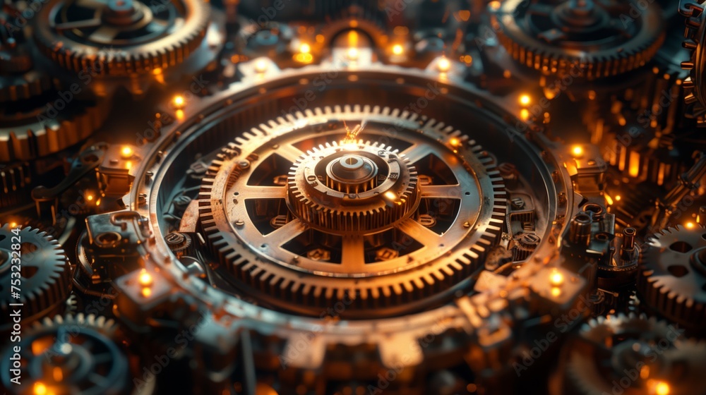 Poster close-up of a clock with lots of gears. generative ai