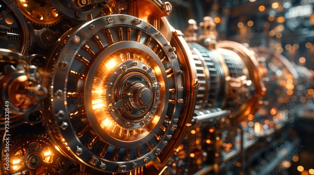 Poster close up of a machine with many gears. generative ai
