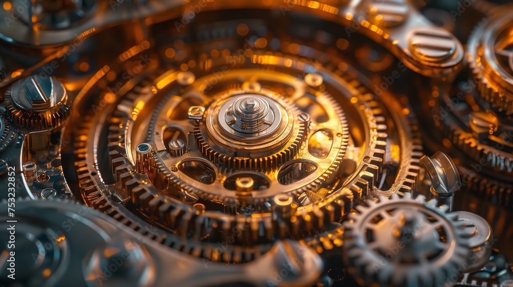 Poster detailed close-up of steampunk clock mechanism. generative ai