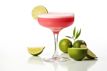Fancy looking daiquiri cocktail on white background. Frozen strawberry daiquiri with lime. Glass of strawberry daiquiri cocktail on white background. Red iced drink in coktail glass. - 753232871