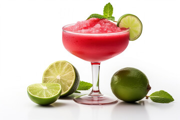 Fancy looking daiquiri cocktail on white background. Frozen strawberry daiquiri with lime. Glass of strawberry daiquiri cocktail on white background. Red iced drink in coktail glass. - 753232872