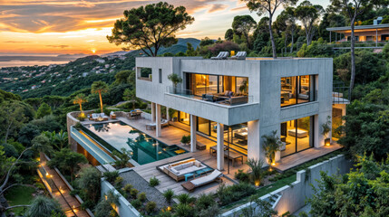 villa confortable et moderne avec piscine et jardin, au sommet d'une colline avec vue sur mer au moment du couché du soleil
