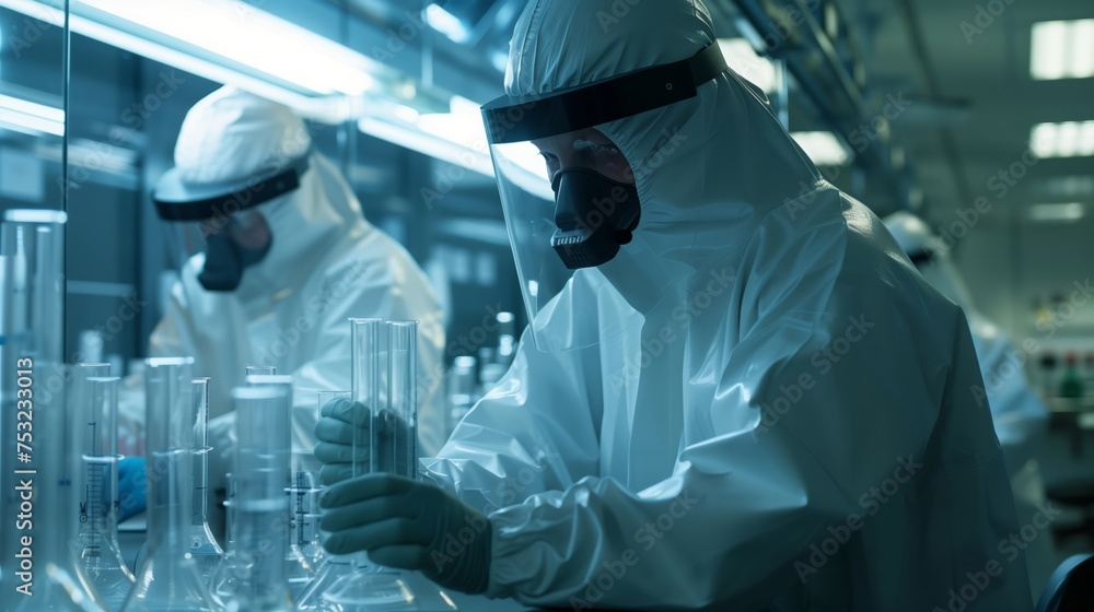 Poster group of chemical engineers in white suits working in lab. generative ai