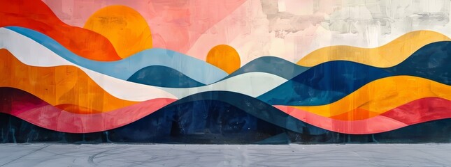Abstract wavy mural in orange, pink, and blue tones on a textured background.