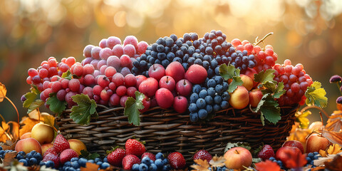 A wicker basket full of fresh fruit. Autumn harvest.