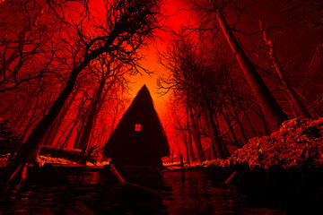 Enigmatic Red-Lit Forest Scene with Cabin at Nightfall - Eerie and Still