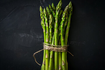Fresh stems of green asparagus on dark background. Vegan, healthy eating, dieting concept. Organic vegetables.