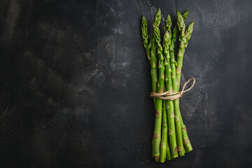 Fresh stems of green asparagus on dark background. Vegan, healthy eating, dieting concept. Organic vegetables. - obrazy, fototapety, plakaty
