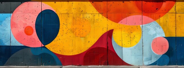 Abstract geometric mural with colorful circles overlapping on a textured wall.