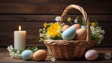 Easter Celebration: A Basket of Colored Eggs and Blooming Flowers by Candlelight