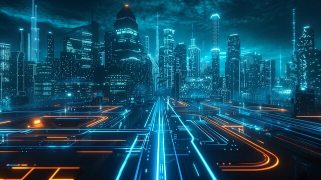 Vibrant Cityscape Illuminated at Night. Generative AI