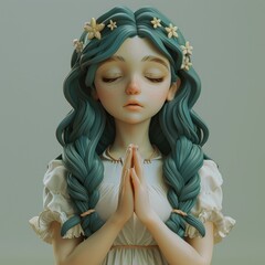 Blue-Haired Girl in Prayer 3D Illustration, To convey a sense of spirituality, faith, and reverence in a unique and eye-catching way