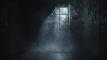 Fog in a dark room. Horror empty room with smoke on the floor. Gloomy and scary interior.