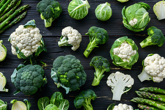 broccoli, cauliflower , Brussels sprouts, asparagus on a black wooden table, flat lay