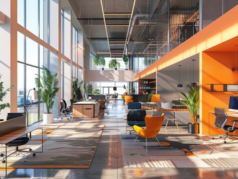 Bright Orange Office Space with Large Windows, To convey a sense of productivity, inspiration, and creativity in a modern and technologically