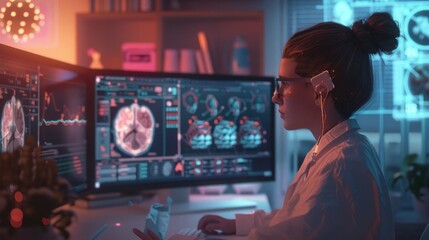 Female Doctor Working with Medical Monitors, This image showcases the use of technology in the medical field and the focus and expertise of a female