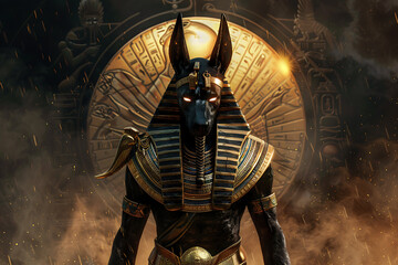 An impressive representation of Anubis, the ancient Egyptian god of the afterlife, depicted with the head of a jackal, symbolizing mummification and the journey into the underworld, set against a myst - obrazy, fototapety, plakaty