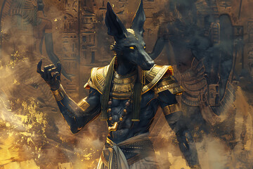 An impressive representation of Anubis, the ancient Egyptian god of the afterlife, depicted with the head of a jackal, symbolizing mummification and the journey into the underworld