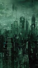 Futuristic City Nightscape in Dark Green and Emerald Hues, Add a touch of mystery and intrigue to futuristic designs with this abstracted view of a