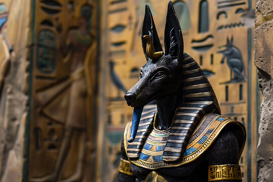 An impressive representation of Anubis, the ancient Egyptian god of the afterlife, depicted with the head of a jackal, symbolizing mummification and the journey into the underworld
