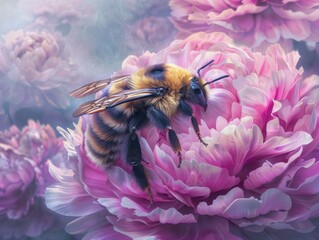 Hyper-Realistic Bee on a Blooming Pink Flower, To provide a stunning and eye-catching image of a bee and flower for use in a variety of contexts,