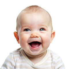 Cute baby boy looking at camera and laughing, isolated on transparent background