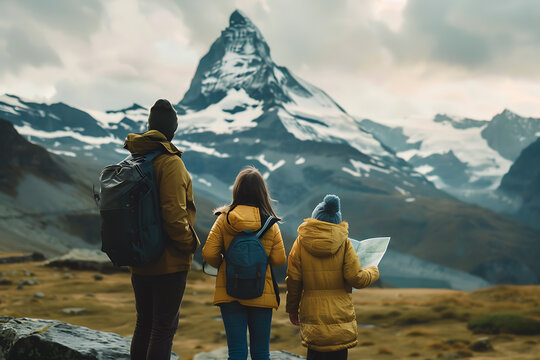 Mountain Background, Mother , Father And Child Looking At A Map, Travelling Concept