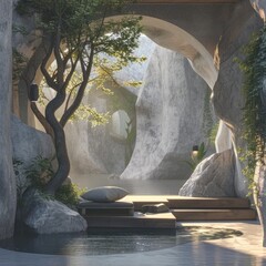 Stone Arch Leading to Outdoor Bathroom in Naturalistic Style, To convey a sense of peaceful retreat and rejuvenation in a unique and artistic outdoor
